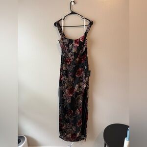 Lulu's Black Satin Floral Dress, high slit/high-low